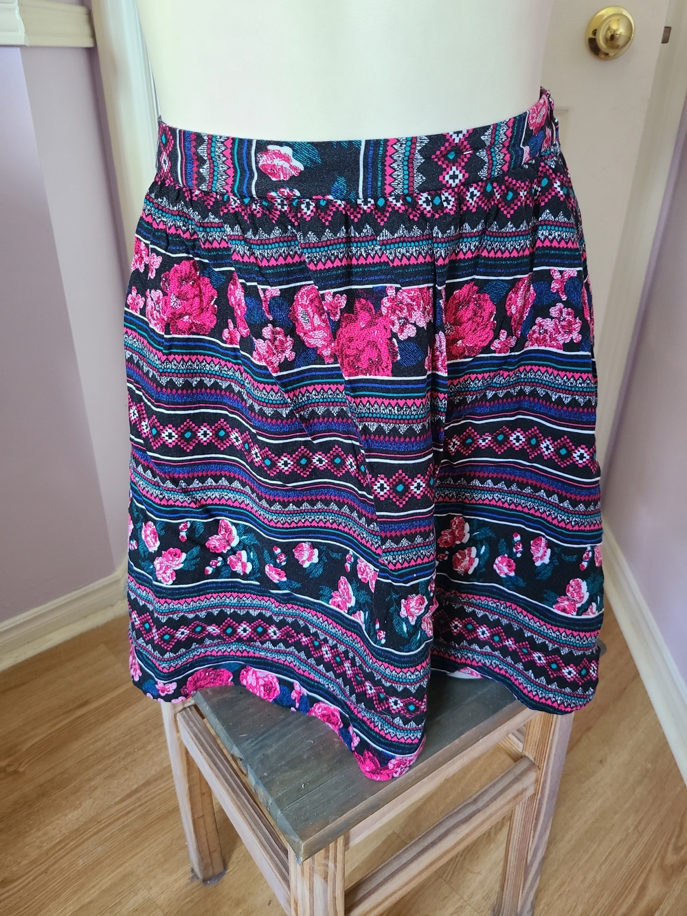 New Look Navy Skater Skirt with Pink Floral & Stripe Print